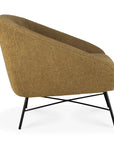 The Barrow Lounge Chair - Ginger by Ethnicraft features brown textured upholstery, angled armrests, and a black metal crisscross base, creating a modern vintage vibe. Shown in side view.