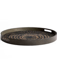 The Ethnicraft Black Beads Wooden Tray - Round / Small is a dark wooden serving tray with two handles, featuring a geometric circular pattern inspired by tribal prints in black and natural wood on a white base.