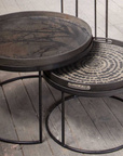 Part of the Ethnicraft Tray Collection, the Black Tree Wooden Tray - Round / Large features European elegance with sleek metal legs and an artistic tree branch top.