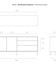 A technical drawing of the Ethnicraft Blackbird Sideboard - 2 doors + 3 drawers, with front, side, and top views, displays measured dimensions in inches for height, width, depth, and drawer heights.