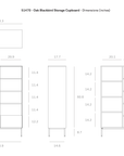 Dimensions diagram for the Ethnicraft Blackbird Storage Cupboard showing front, side, and internal views with labeled inch measurements. Made from premium European oak for a timeless appearance.