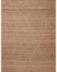 The Bodhi Rug - Natural / Natural Abstract by Loloi is a tan, hand-knotted Indian area rug made from 100% jute, featuring subtle light lines in an abstract geometric pattern reminiscent of Moroccan-inspired designs.
