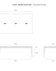 Line drawings depict the Ethnicraft Bok Cowork Desk - Oak in top, front, and side views with labeled dimensions in inches: 94.4 wide, 55.1 deep, 30 high, plus additional measurements.
