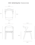 Line drawings of the Ethnicraft Bok Dining Chair in Black Oak with Grey Fabric, showing top, front, and side views with labeled dimensions in inches: height, width, depth, and seat height.