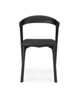The Ethnicraft Bok Dining Chair in black oak with leather, featuring a curved backrest and four legs, is displayed from the front against a white background.