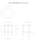 Technical drawing of the Ethnicraft Bok Side Table - Oak displaying top, front, and side views with dimensions in inches: diameter 16.9, height 19.7, width 14.6, and shelf height 7.7.