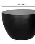 The Insitu Side Table - Black by Moes features a round, smooth, minimalist design. It measures 24 W x 24 D x 16 H, with dimensions clearly labeled for easy reference.