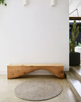 A minimalist entryway features a smooth wooden bench with a curved cutout, Armadillo&Cos Braid Rug in Pumice on polished concrete, two white wall lights above, and a large potted cactus nearby.