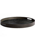 The Ethnicraft Charcoal Mirror Tray - Round / Small features a textured, silk-screen printed wood surface, two oval handles, and a raised edge in a dark charcoal finish, shown against a white background.