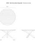 Technical drawing of the Ethnicraft Circle Outdoor Dining Table - Natural Teak. FSC certified teak, round top, cross-legged base. Dimensions: 64.2 diameter, 30 height, 1 tabletop thickness, and 26.4 under-table clearance.