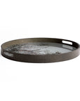 The Ethnicraft Clear Mirror Tray - Round / Small features a textured reflective base, meticulous craftsmanship, and two oval handles. This dark-colored serving tray is shown against a plain white background.