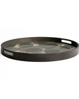 The Connected Dots Glass Tray - Round / Small by Ethnicraft features side handles and a patterned base with large, overlapping green and beige circles, inspired by organic forms.