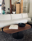 A modern living room with a light gray sectional, a SOBU Disco Racetrack Coffee Table in black walnut holding books and a black bowl, a dark textured rug, and shelves with decor accents in the background.