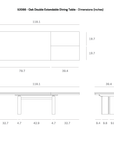 Technical drawing of the Ethnicraft Double Extendable Dining Table - Oak, with labeled dimensions in inches showing top, front, and side views, plus detailed measurements of the tabletop and legs.