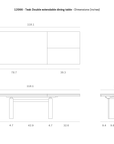 Technical drawing of the Ethnicraft Double Extendable Dining Table - Natural Teak, showing unfinished teak construction with dimensions in inches: 118.1 L (extended), 39.3 W, 29.9 H, plus detailed leg and extension measurements.