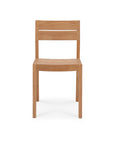 The Ethnicraft EX1 Outdoor Dining Chair - Teak features a flat seat, straight legs, and a slatted backrest, shown from the front against a white background.