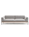 The Department Sofa 93" by Wooden Stories features modern gray fabric, square armrests, Danish lines, a solid wood plinth base, and slim black metal legs, shown against a plain white background.