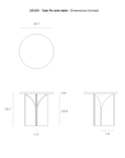 Technical drawing of the Ethnicraft Fin Side Table shows top, front, and side views. Dimensions: 19.7 W x 19.7 H; base: 12 W x 7.9 D—ideal for those who love sculptural side tables.