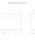 Line drawing of the Ethnicraft Frame Desk - Oak, showing dimensions in inches (W 47.2 x H 32.3 x D 17.0) and clearly labeled measurements for drawer and legs.