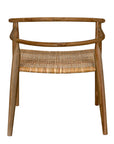 Front view of the Finley Chair by Noir Trading Inc., featuring a curved, open-back teak design, woven natural rattan seat, minimalist lines, and three visible legs—ideal for any hand-crafted collection.