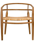 The Finley Chair by Noir Trading Inc. is a hand-crafted teak piece with a curved backrest, armrests, and a natural rattan woven seat, shown from the front on a plain white background.