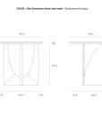 Line drawing of Ethnicrafts Geometric Side Table - Black Oak, with front and side views and dimensions in inches: width 20.1, height 19.7, depth 10.4, thickness 0.8.