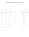 Line drawing of the Ethnicraft Geometric Side Table - Oak, made from solid European oak. Shown with dimensions in inches: W 20.1, H 19.7, D 10.4, tabletop thickness 0.8, plus detailed front and side views with base measurements.