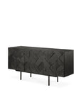 The Ethnicraft Graphic Sideboard - 3 door showcases modern black design with textured geometric cabinet doors and slim black metal legs, set against a white background.