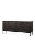 The Grooves Sideboard - 4 door by Ethnicraft is a modern, minimalist black teak piece featuring a subtle textured surface, slim metal legs, and European refinement, shown against a plain white background.