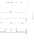Line drawing of the Ethnicraft Grooves TV Cupboard - 95, a standout teak furniture piece with black metal legs. Dimensions (in inches): width 95.3, height 20.9, depth 17.7; includes detailed panel and compartment measurements.