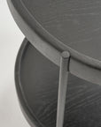 Close-up of the Humla Round Side Table by Wooden Stories, featuring Danish-inspired design with two tiers, a dark wood finish, and metal legs. Focus is on the edge and texture of the top and lower shelves.