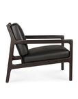 Side view of the Ethnicraft Jack Lounge Chair - Black Leather, highlighting Scandinavian modernism with a dark wood frame, black leather cushions, clean lines, and minimalist design.