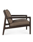 Side view of the Ethnicraft Jack Lounge Chair in nubuck leather, featuring a mahogany frame and brown upholstered seat and back cushions, inspired by Scandinavian modernism, set against a plain white background.
