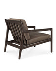 The Jack Lounge Chair - Nubuck Leather by Ethnicraft features a dark mahogany frame, wide armrests, an angled backrest, and thick brown leather cushions. Inspired by Scandinavian modernism, the chair is shown from the rear view.