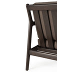 Close-up of the back and side of the Ethnicraft Jack Lounge Chair in dark mahogany with a slatted backrest and brown nubuck leather cushioned seat, shown against a white background.