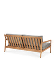 The Ethnicraft Jack Outdoor 2 Seater Sofa in teak with mocha features a wooden frame, angled backrest slats, and light gray Belgian outdoor fabric cushions. Shown from the back on a white background.
