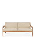 The Ethnicraft Jack Outdoor 2 Seater Sofa features a beige upholstered seat with two seat and back cushions, set on a Grade A teak wooden frame and armrests, photographed against a white background.