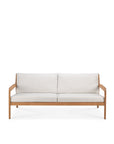 The Ethnicraft Jack Outdoor 2 Seater Sofa features a teak wood frame and off-white cushions, showcasing clean lines and a minimalist design, photographed against a white background.