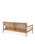 The Ethnicraft Jack Outdoor 2 Seater Sofa—featuring a teak wooden frame, angled slatted backrest, and off-white cushioned seat and back—is shown from the rear against a white background.