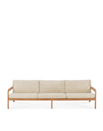 The Ethnicraft Jack Outdoor 3 Seater Sofa - Teak with Natural features a minimalist teak frame and light beige cushions, shown on a plain white background.