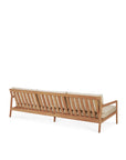 The Ethnicraft Jack Outdoor 3 Seater Sofa features a teak frame with natural cushions, shown from the back to highlight its open slatted design and minimalist style—ideal as a modern outdoor sofa.
