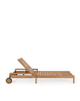 The Jack Outdoor Adjustable Lounger by Ethnicraft features a teak slatted design, adjustable backrest, and two wheels for easy movement, shown against a white background.