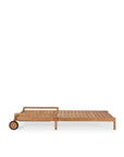 The Ethnicraft Jack Outdoor Adjustable Lounger in teak features a modern slatted design, low profile, adjustable backrest, and two wheels for easy mobility, shown here against a plain white background.