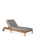 The Ethnicraft Jack Outdoor Adjustable Lounger - Teak features wheels, a rectangular gray cushion, and a reclining backrest, shown on a plain white background.