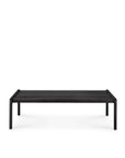 The Ethnicraft Jack Outdoor Coffee Table in black teak features a minimalist rectangular design with rounded edges and legs, shown against a plain white background.