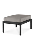 The Ethnicraft Jack Outdoor Footstool features a mocha cushion on a sleek black teak frame with four straight legs.
