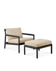 The Ethnicraft Jack Outdoor Footstool in black teak with natural cushions is paired with a matching lounge chair, both featuring clean, minimalist lines and set against a white background.