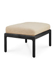 The Ethnicraft Jack Outdoor Footstool features a rectangular natural cushion on a sleek, black FSC-certified teak frame with four straight legs, inspired by the Ethnicraft Outdoor Collection.