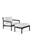 The Ethnicraft Jack Outdoor Footstool in black teak with off-white cushions, showcasing the brand’s signature design, is displayed alongside a matching lounge chair against a plain white background.