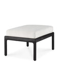The Jack Outdoor Footstool by Ethnicraft pairs a thick off-white cushion with a sleek black FSC-certified teak frame and four straight legs, shown against a plain white background.